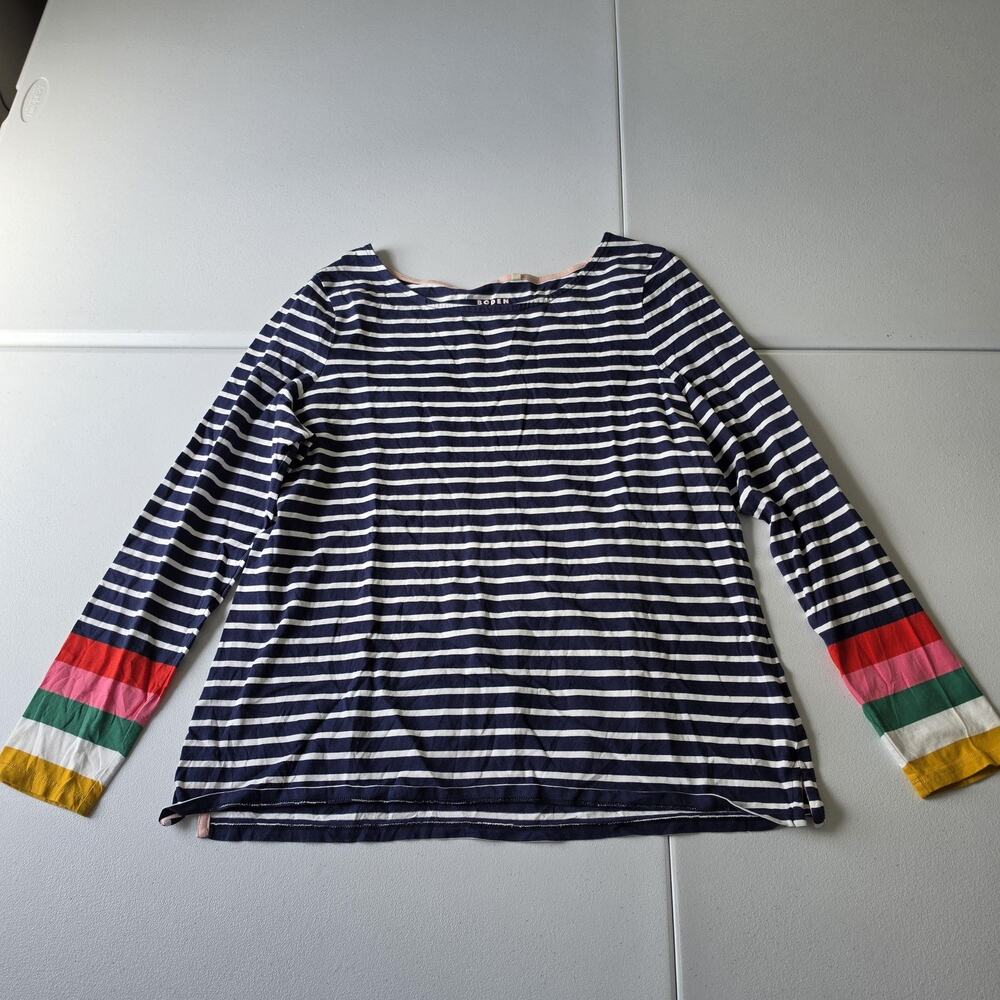 Boden Shirt Womens 14 Blue Striped Boat Neck Long Sleeve Colorblock Cotton Top